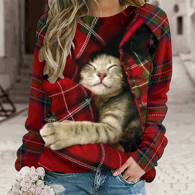 Lässiges Sweatshirt Mit Katzen-Print